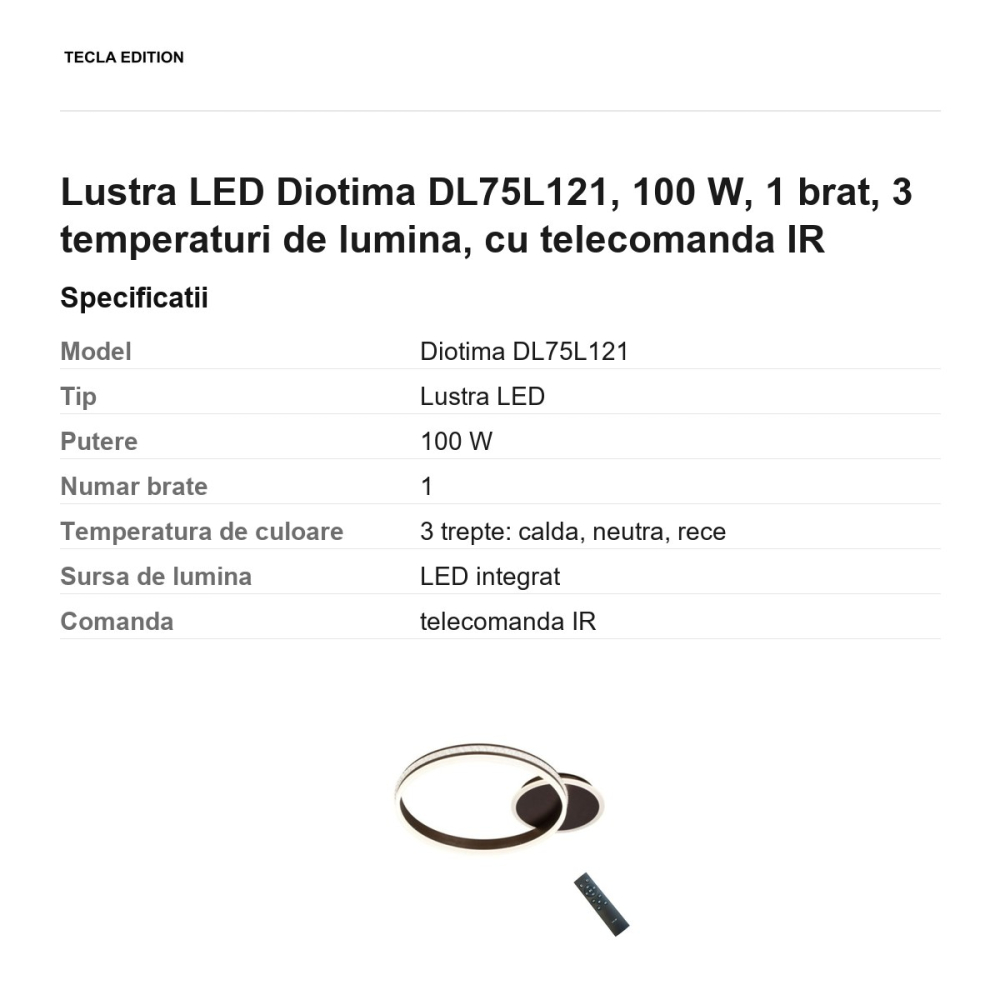 Lustra LED Diotima DL75L121, 100 W, 1 brat, 3 temperaturi de lumina, cu telecomanda IR [3]
