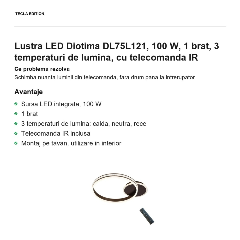 Lustra LED Diotima DL75L121, 100 W, 1 brat, 3 temperaturi de lumina, cu telecomanda IR [2]