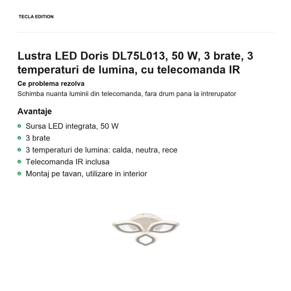 Lustra LED Doris DL75L013, 50 W, 3 brate, 3 temperaturi de lumina, cu telecomanda IR [2]