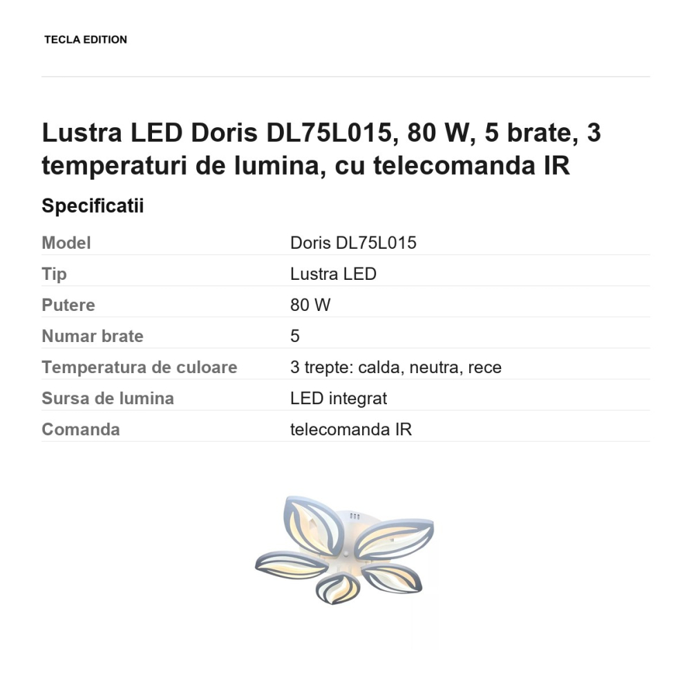 Lustra LED Doris DL75L015, 80 W, 5 brate, 3 temperaturi de lumina, cu telecomanda IR [3]