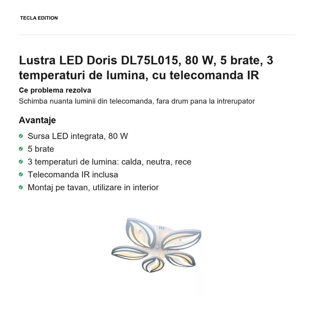 Lustra LED Doris DL75L015, 80 W, 5 brate, 3 temperaturi de lumina, cu telecomanda IR [2]