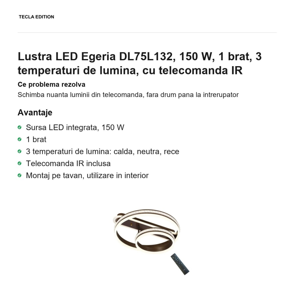 Lustra LED Egeria DL75L132, 150 W, 1 brat, 3 temperaturi de lumina, cu telecomanda IR [2]