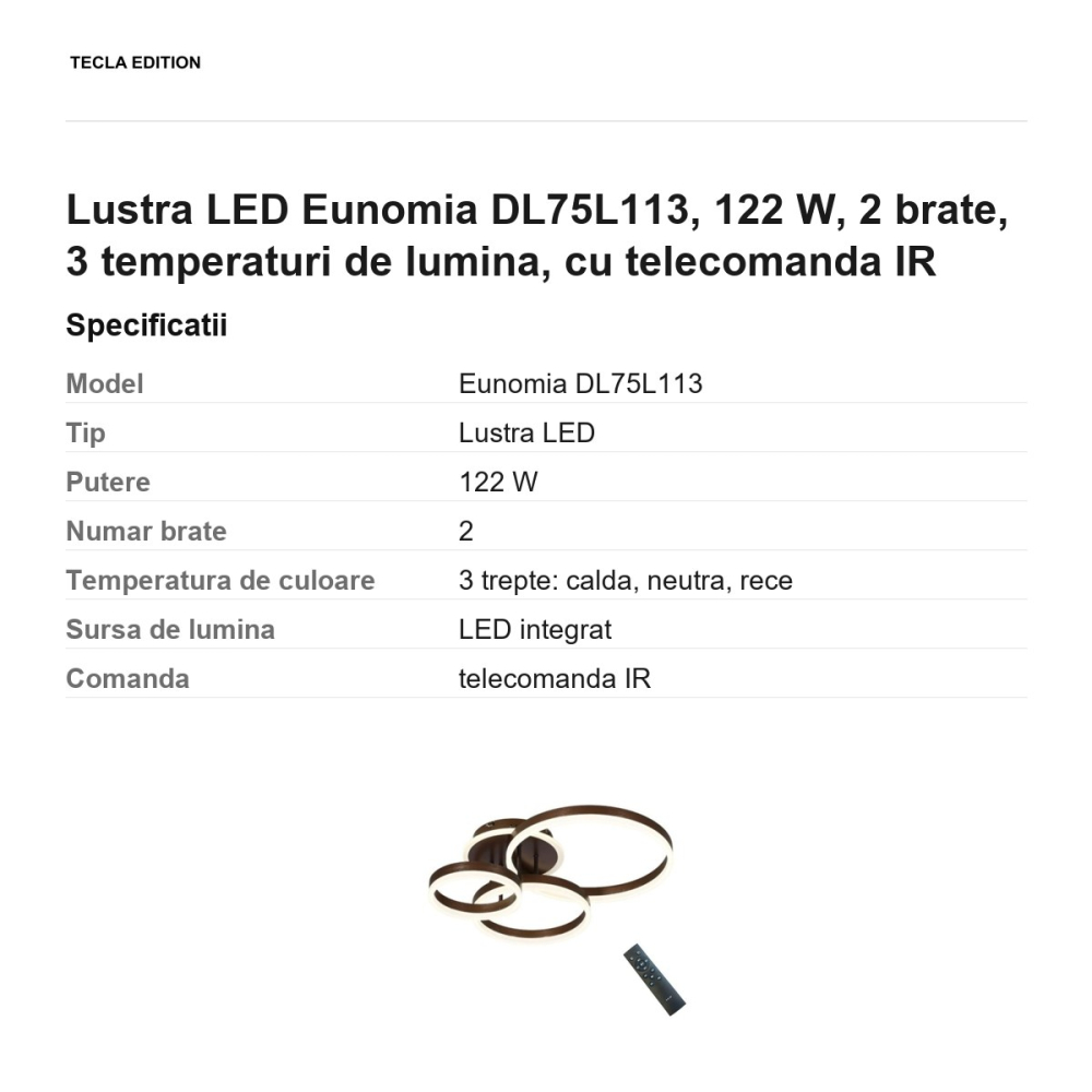 Lustra LED Eunomia DL75L113, 122 W, 2 brate, 3 temperaturi de lumina, cu telecomanda IR [3]