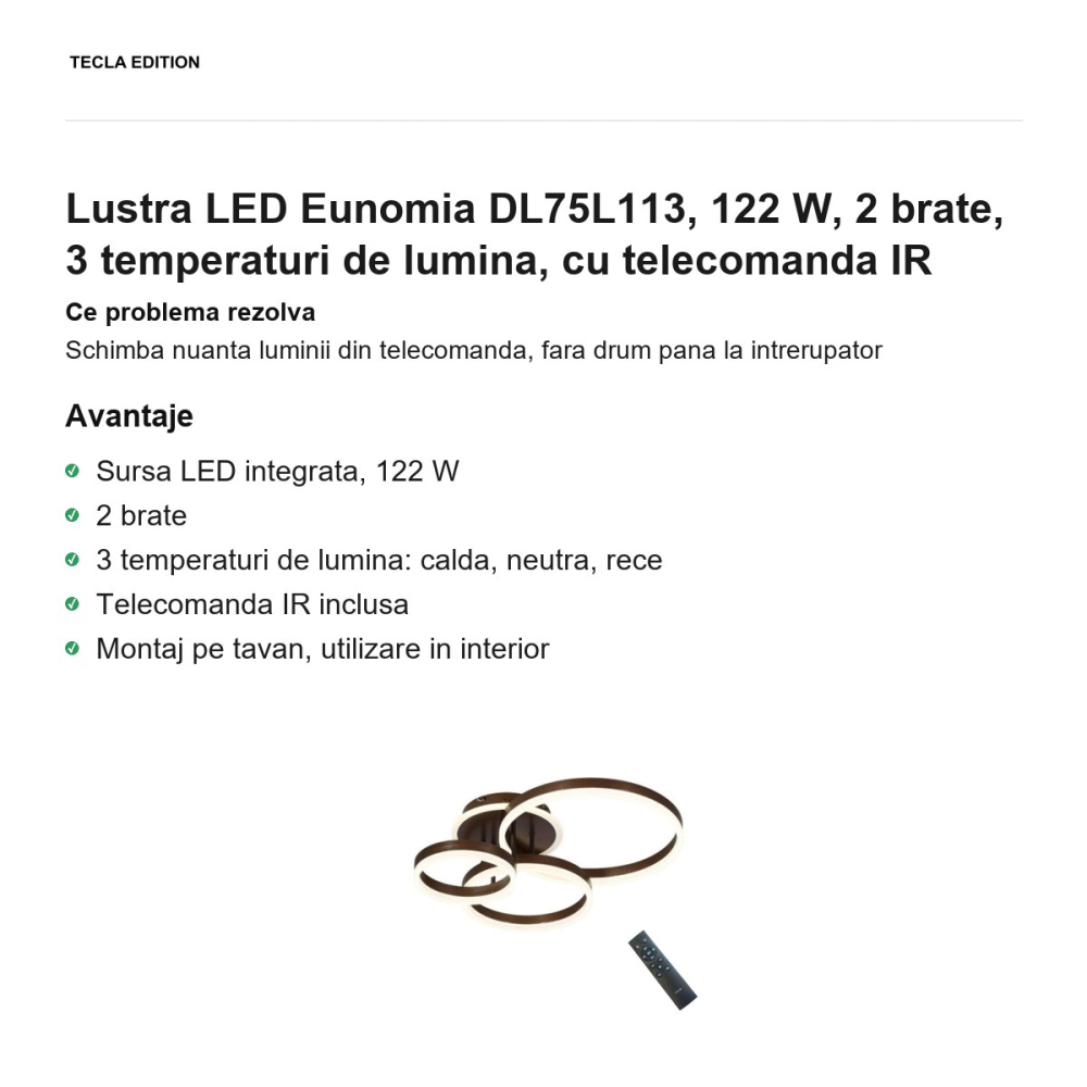 Lustra LED Eunomia DL75L113, 122 W, 2 brate, 3 temperaturi de lumina, cu telecomanda IR [2]