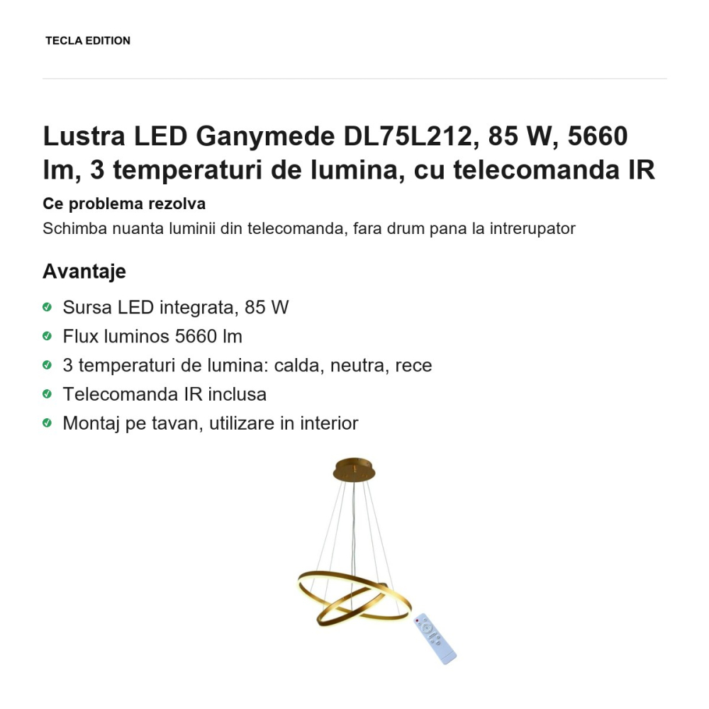 Lustra LED Ganymede DL75L212, 85 W, 5660 lm, 3 temperaturi de lumina, cu telecomanda IR [2]