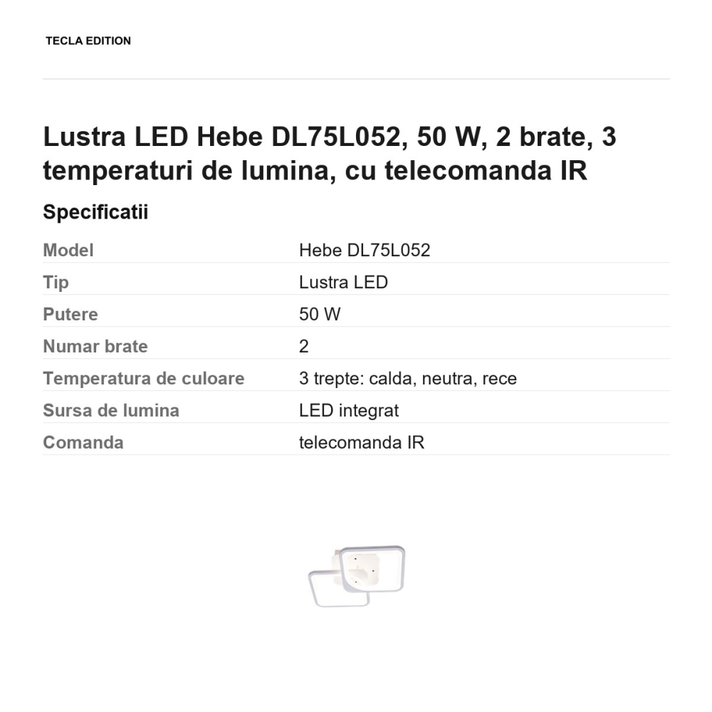 Lustra LED Hebe DL75L052, 50 W, 2 brate, 3 temperaturi de lumina, cu telecomanda IR [3]