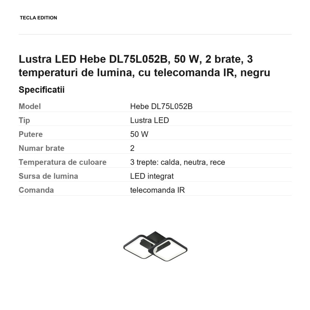 Lustra LED Hebe DL75L052B, 50 W, 2 brate, 3 temperaturi de lumina, cu telecomanda IR, negru [3]