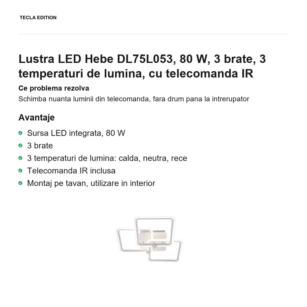 Lustra LED Hebe DL75L053, 80 W, 3 brate, 3 temperaturi de lumina, cu telecomanda IR [2]
