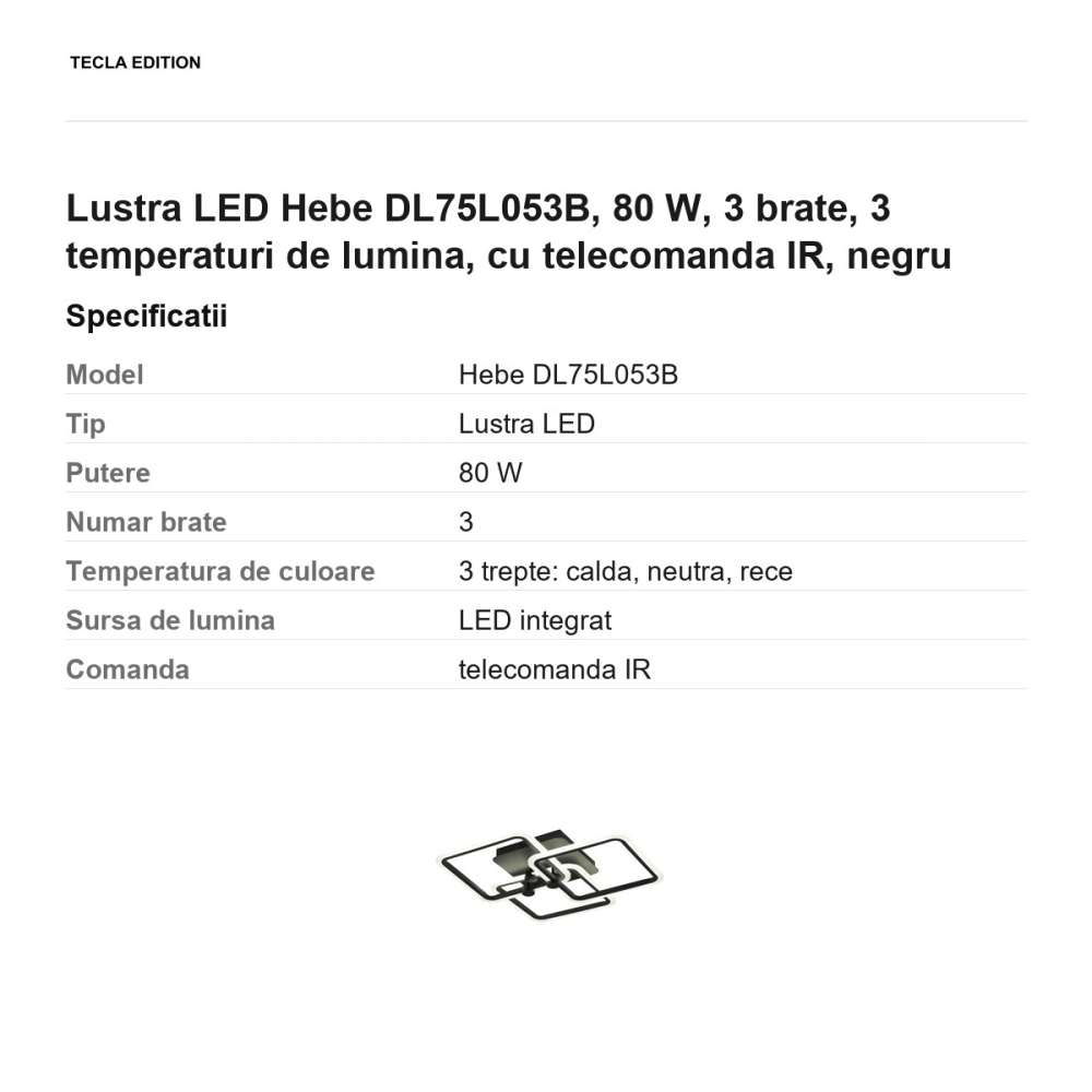 Lustra LED Hebe DL75L053B, 80 W, 3 brate, 3 temperaturi de lumina, cu telecomanda IR, negru [3]