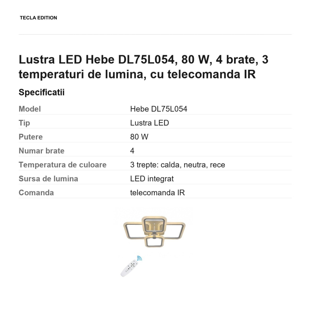 Lustra LED Hebe DL75L054, 80 W, 4 brate, 3 temperaturi de lumina, cu telecomanda IR [3]