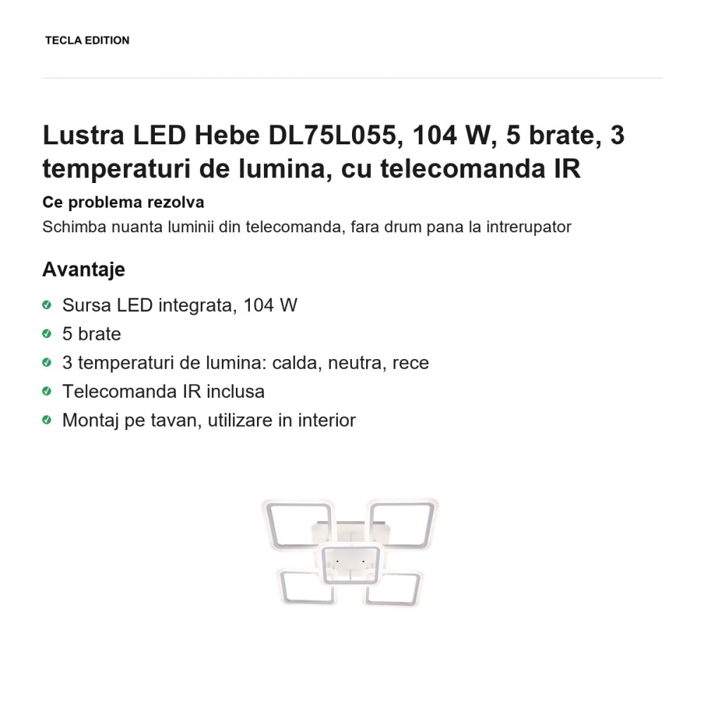 Lustra LED Hebe DL75L055, 104 W, 5 brate, 3 temperaturi de lumina, cu telecomanda IR [2]