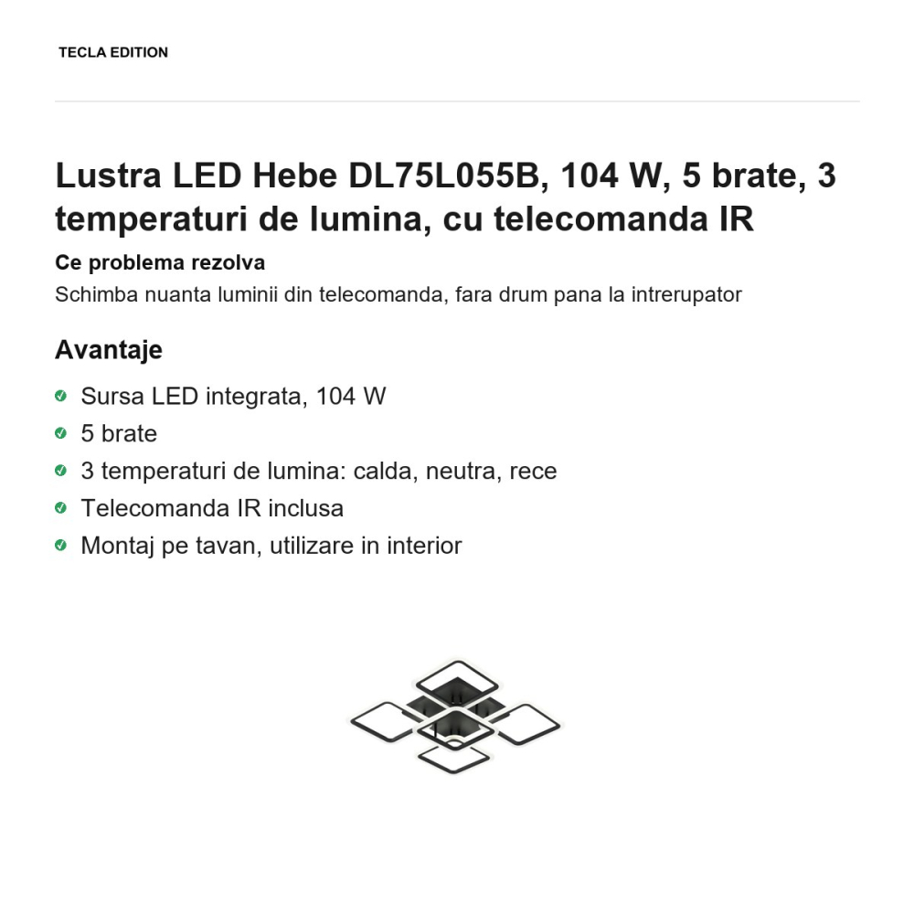Lustra LED Hebe DL75L055B, 104 W, 5 brate, 3 temperaturi de lumina, cu telecomanda IR [2]