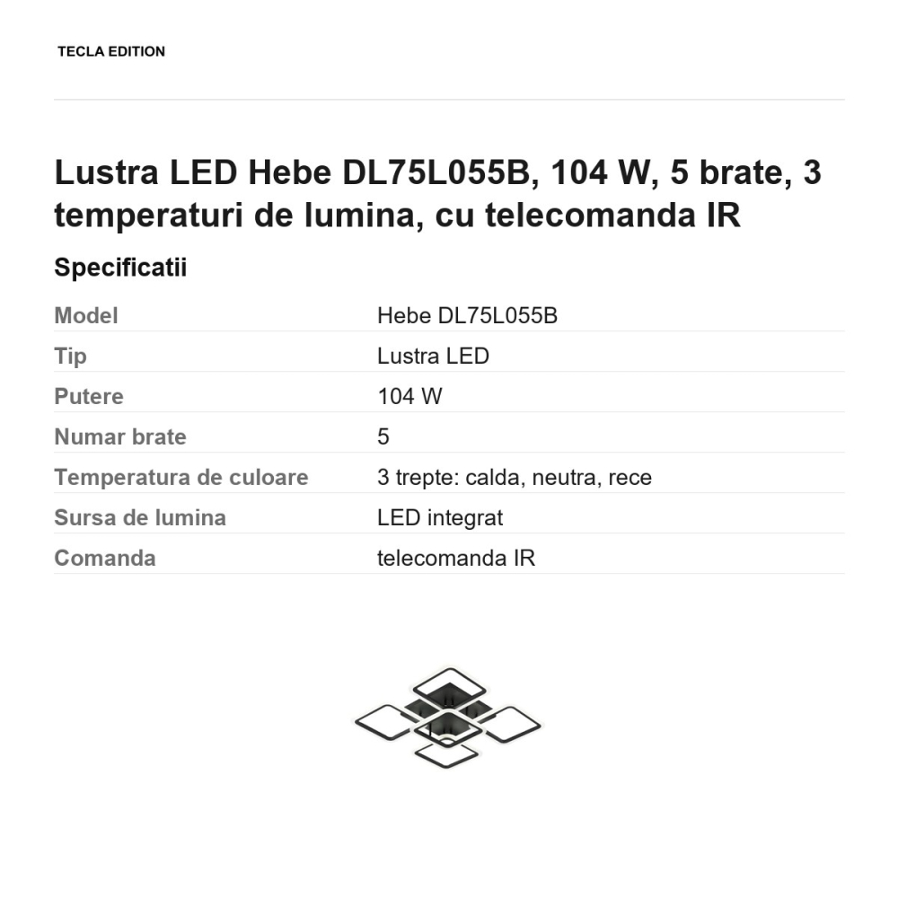 Lustra LED Hebe DL75L055B, 104 W, 5 brate, 3 temperaturi de lumina, cu telecomanda IR [3]