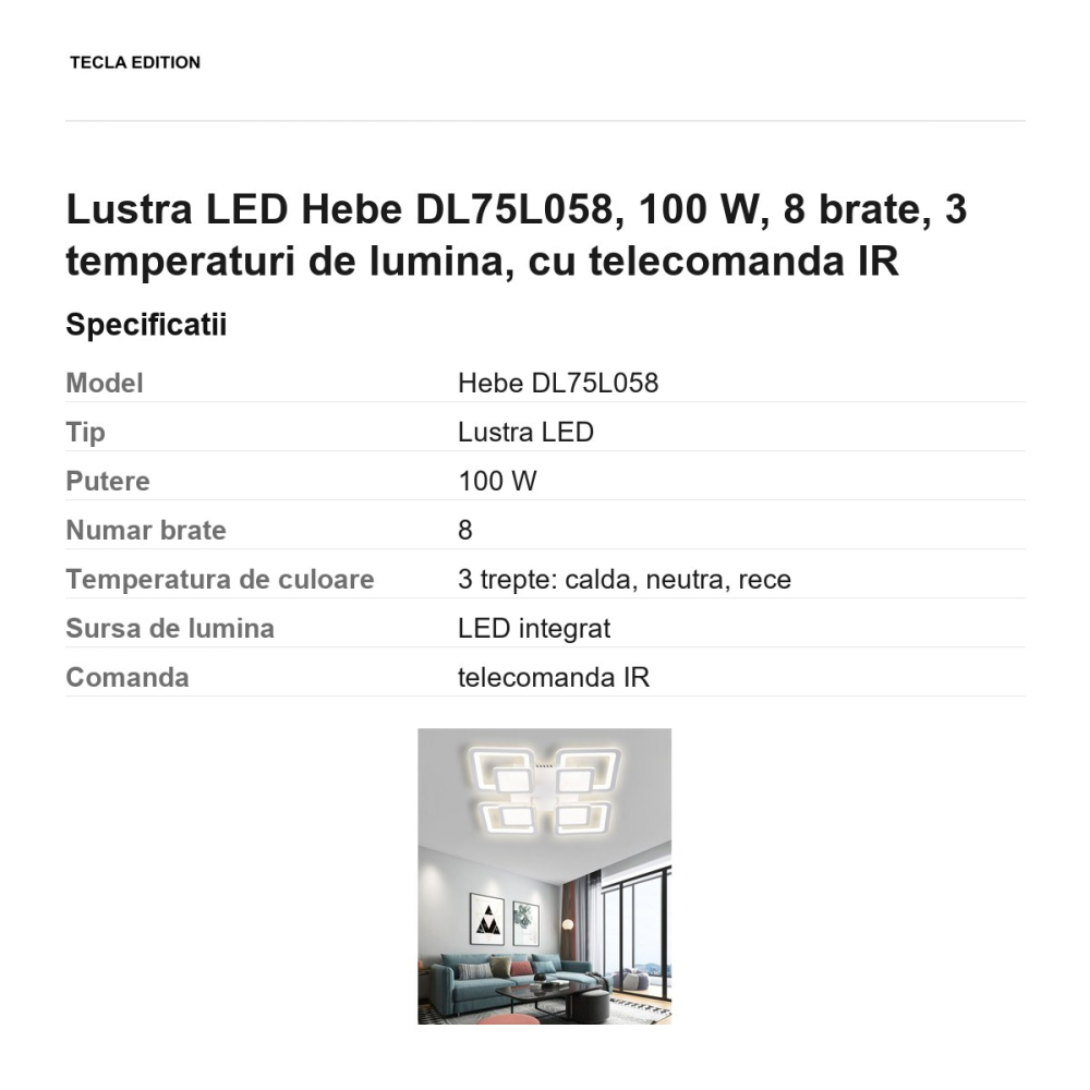 Lustra LED Hebe DL75L058, 100 W, 8 brate, 3 temperaturi de lumina, cu telecomanda IR [3]