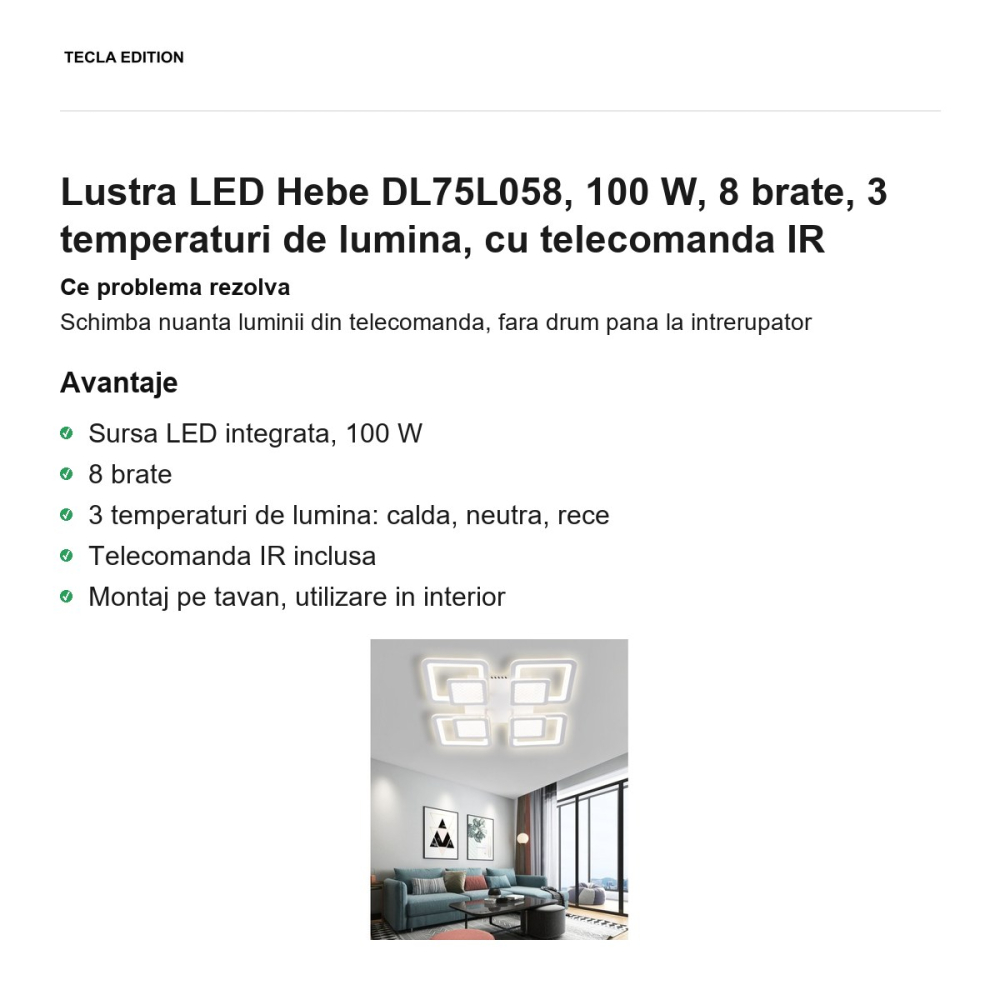 Lustra LED Hebe DL75L058, 100 W, 8 brate, 3 temperaturi de lumina, cu telecomanda IR [2]