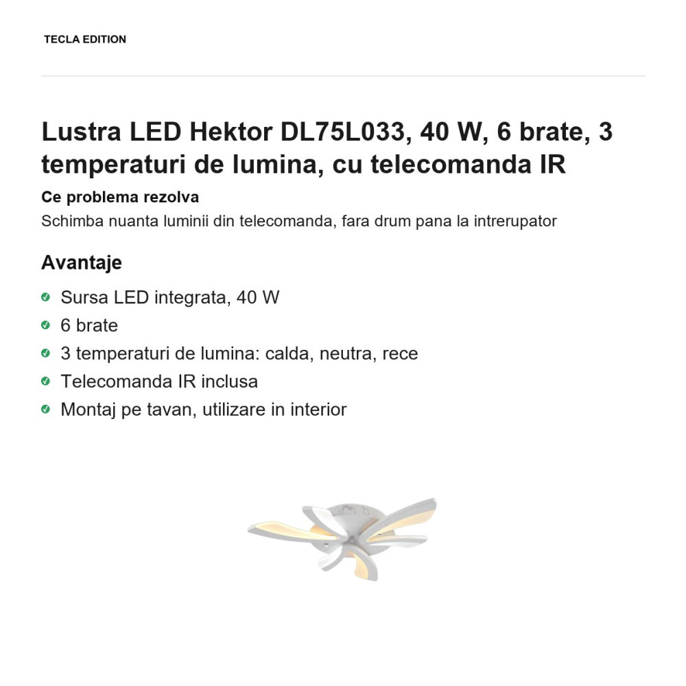 Lustra LED Hektor DL75L033, 40 W, 6 brate, 3 temperaturi de lumina, cu telecomanda IR [2]