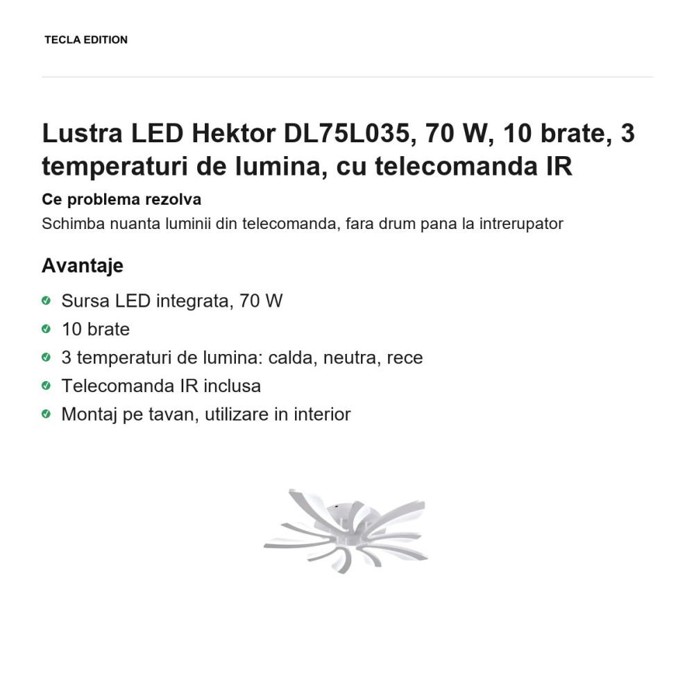 Lustra LED Hektor DL75L035, 70 W, 10 brate, 3 temperaturi de lumina, cu telecomanda IR [2]
