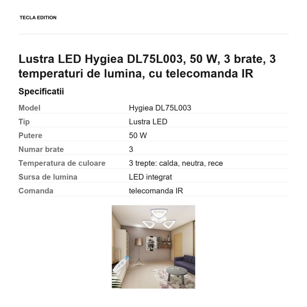 Lustra LED Hygiea DL75L003, 50 W, 3 brate, 3 temperaturi de lumina, cu telecomanda IR [3]