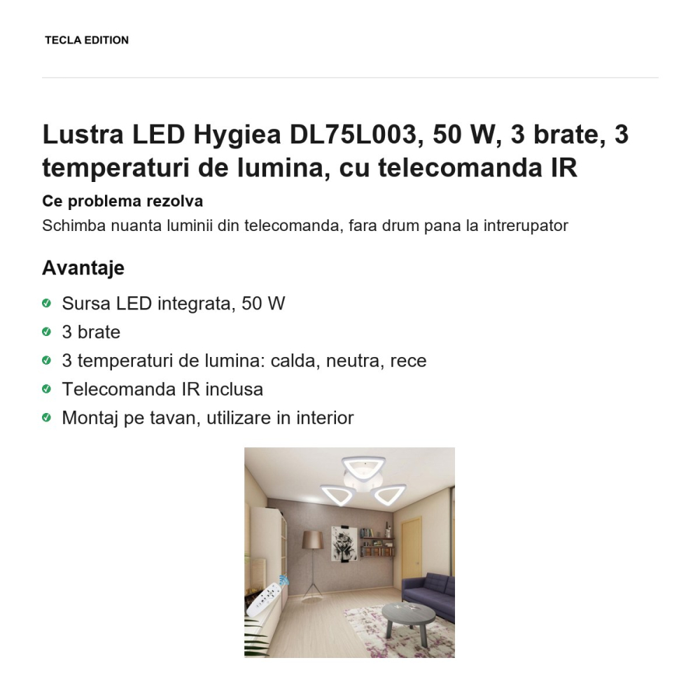 Lustra LED Hygiea DL75L003, 50 W, 3 brate, 3 temperaturi de lumina, cu telecomanda IR [2]