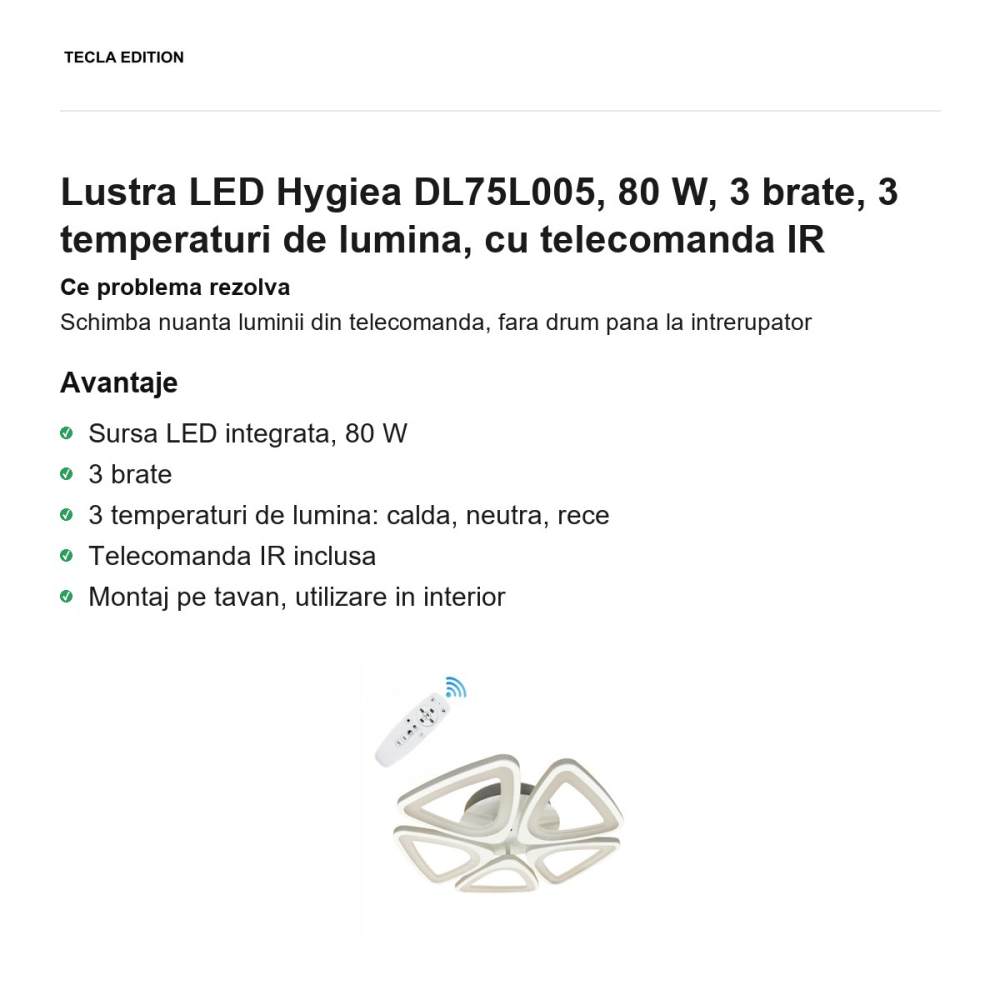 Lustra LED Hygiea DL75L005, 80 W, 3 brate, 3 temperaturi de lumina, cu telecomanda IR [2]