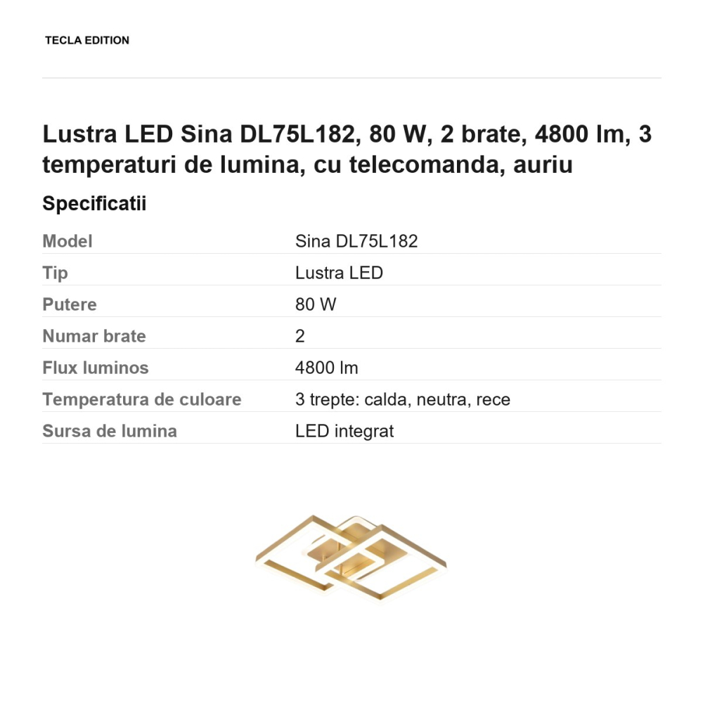 Lustra LED Sina DL75L182, 80 W, 2 brate, 4800 lm, 3 temperaturi de lumina, cu telecomanda, auriu [3]