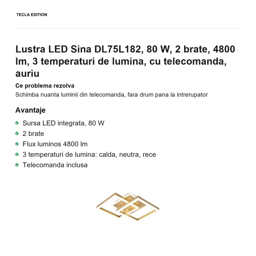 Lustra LED Sina DL75L182, 80 W, 2 brate, 4800 lm, 3 temperaturi de lumina, cu telecomanda, auriu [2]