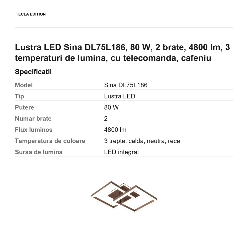 Lustra LED Sina DL75L186, 80 W, 2 brate, 4800 lm, 3 temperaturi de lumina, cu telecomanda, cafeniu [3]