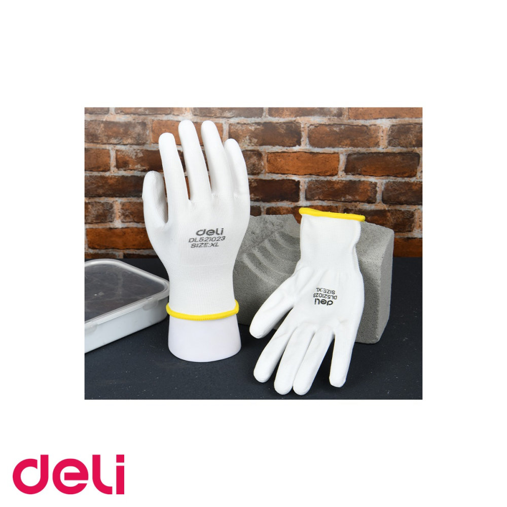 Manusi de protectie Deli, poliester cu strat de PU, albe, marime XL, set 2 bucati [4]