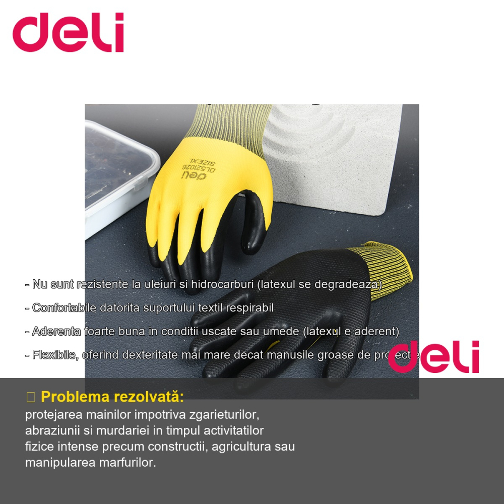 Manusi de protectie Deli, textile cu acoperire latex galben-negru, marime XL, set 2 bucati, pentru munca fizica [2]