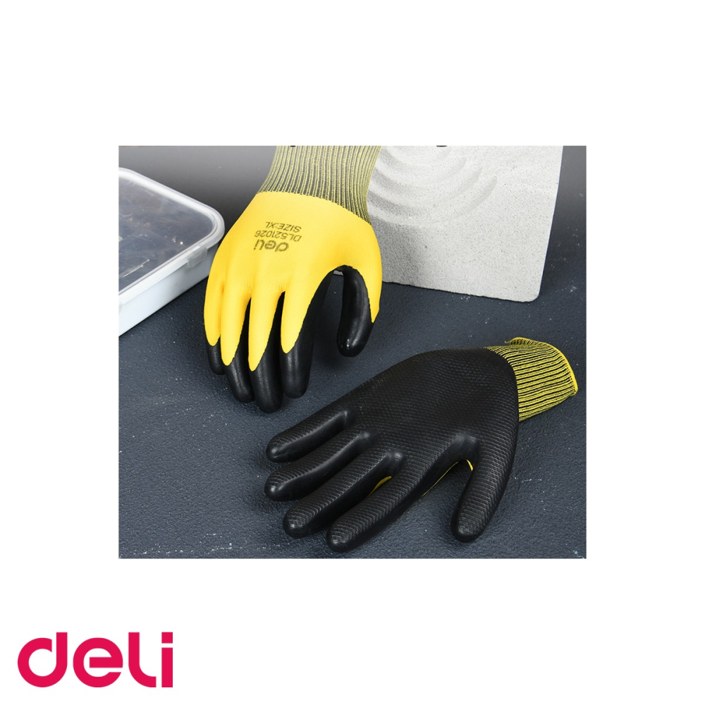 Manusi de protectie Deli, textile cu acoperire latex galben-negru, marime XL, set 2 bucati, pentru munca fizica [4]