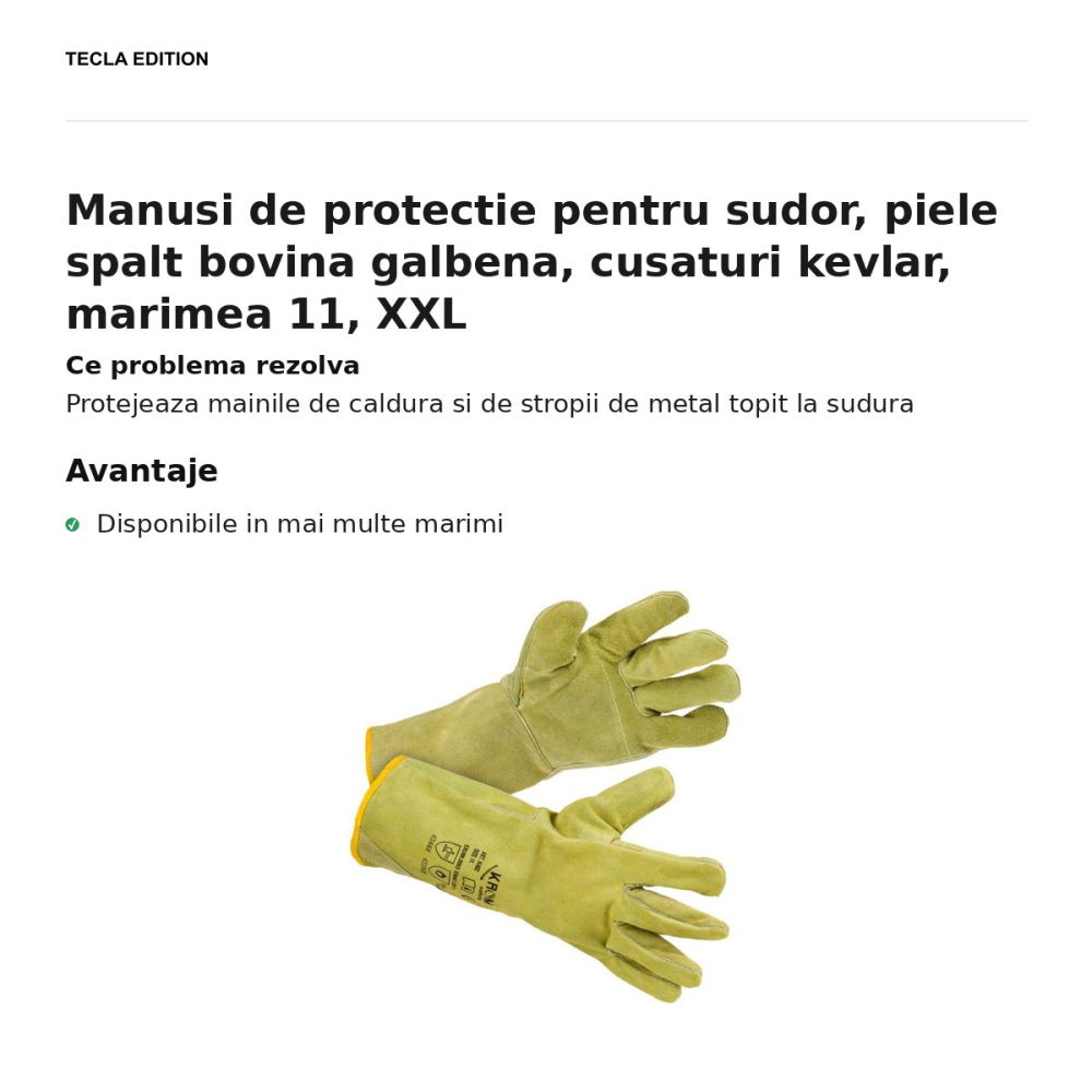 Manusi de protectie pentru sudor, piele spalt bovina galbena, cusaturi kevlar, marimea 11, XXL [2]
