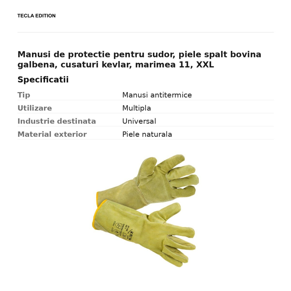 Manusi de protectie pentru sudor, piele spalt bovina galbena, cusaturi kevlar, marimea 11, XXL [3]