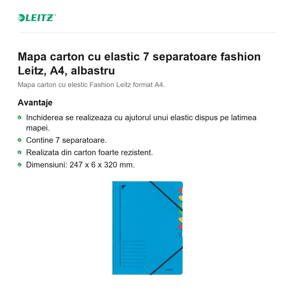 Mapa carton cu elastic 7 separatoare fashion Leitz, A4, albastru [2]