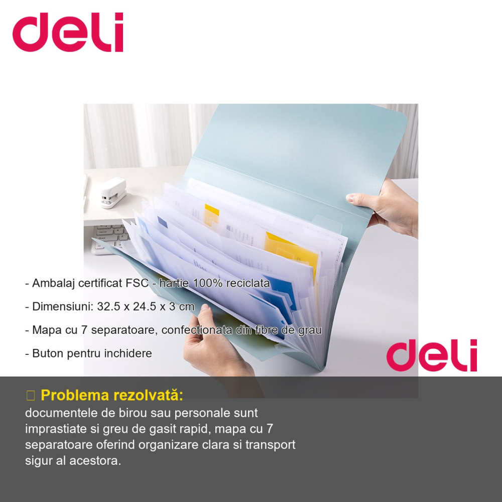 Mapa cu 7 separatoare Deli, material eco din fibre de grau, cu buton de inchidere, pentru organizare documente [2]