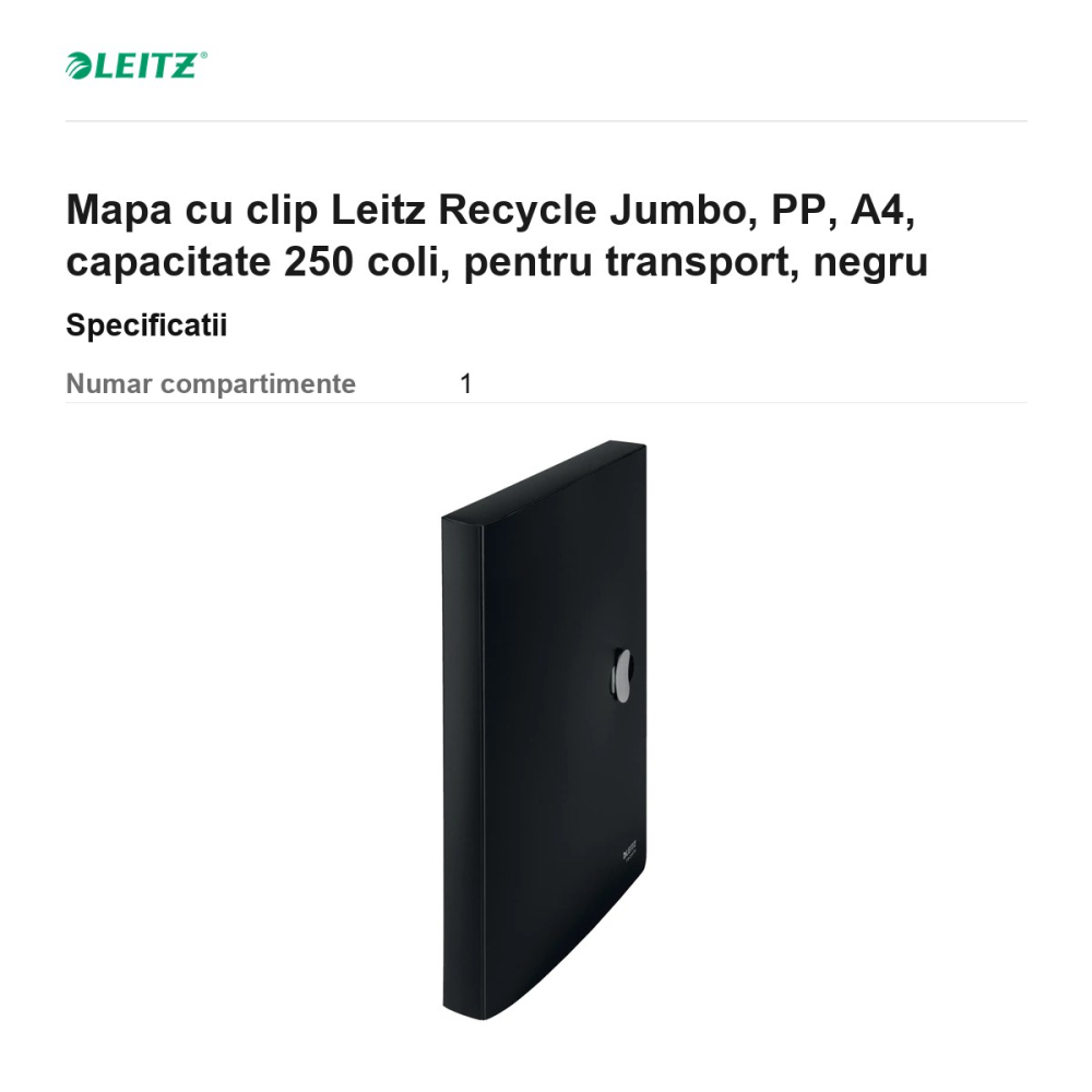 Mapa cu clip Leitz Recycle Jumbo, PP, A4, capacitate 250 coli, pentru transport, negru [3]