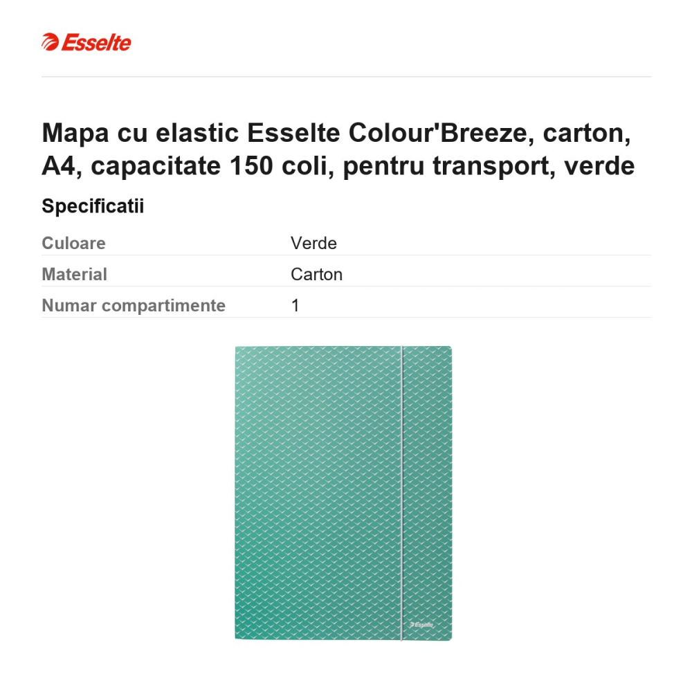Mapa cu elastic Esselte Colour'Breeze, carton, A4, capacitate 150 coli, pentru transport, verde [3]