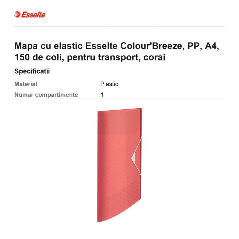 Mapa cu elastic Esselte Colour'Breeze, PP, A4, 150 de coli, pentru transport, corai [3]