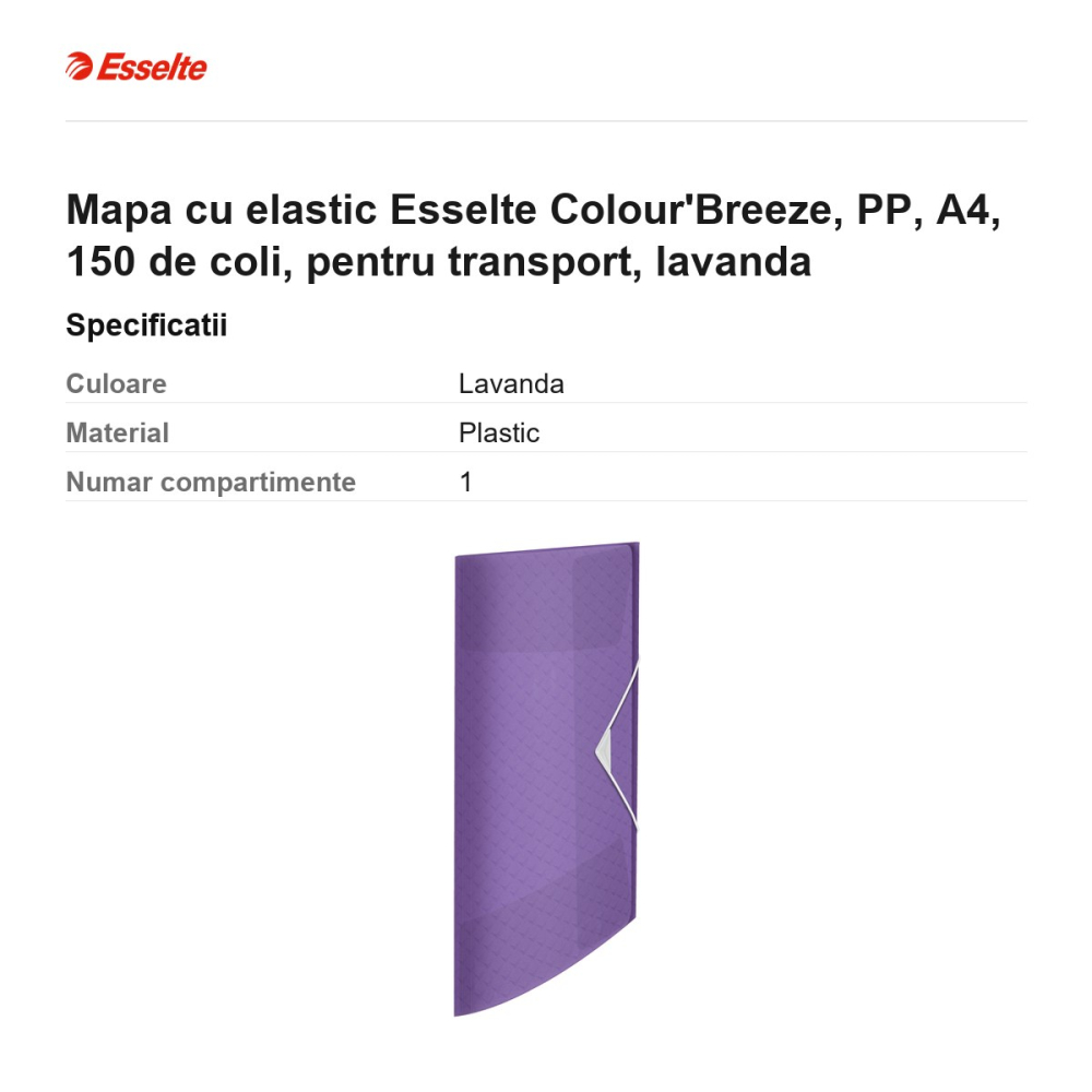 Mapa cu elastic Esselte Colour'Breeze, PP, A4, 150 de coli, pentru transport, lavanda [3]