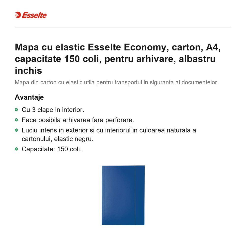 Mapa cu elastic Esselte Economy, carton, A4, capacitate 150 coli, pentru arhivare, albastru inchis [2]