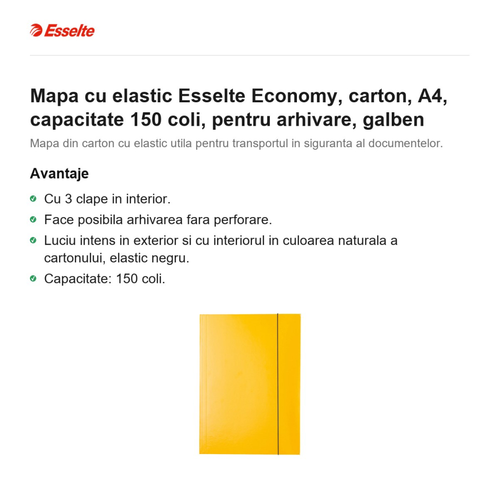 Mapa cu elastic Esselte Economy, carton, A4, capacitate 150 coli, pentru arhivare, galben [2]