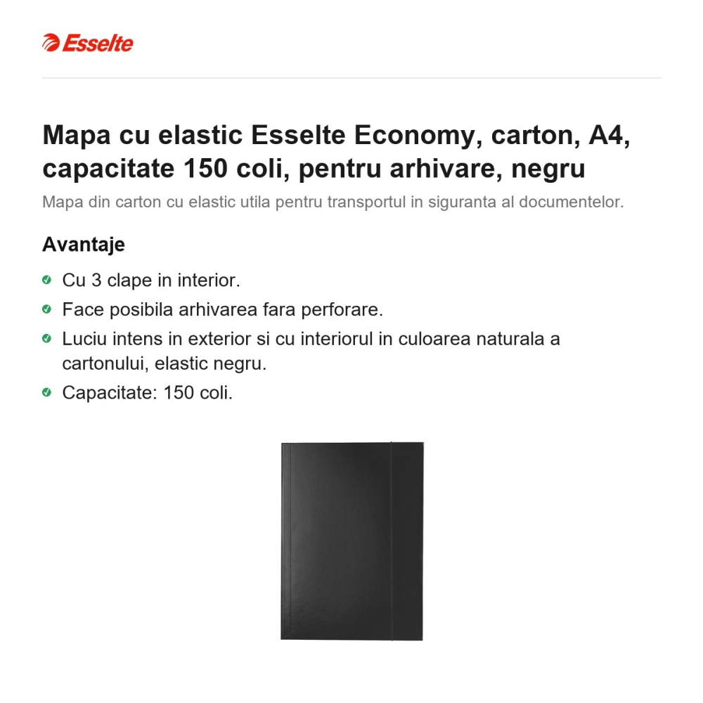 Mapa cu elastic Esselte Economy, carton, A4, capacitate 150 coli, pentru arhivare, negru [2]
