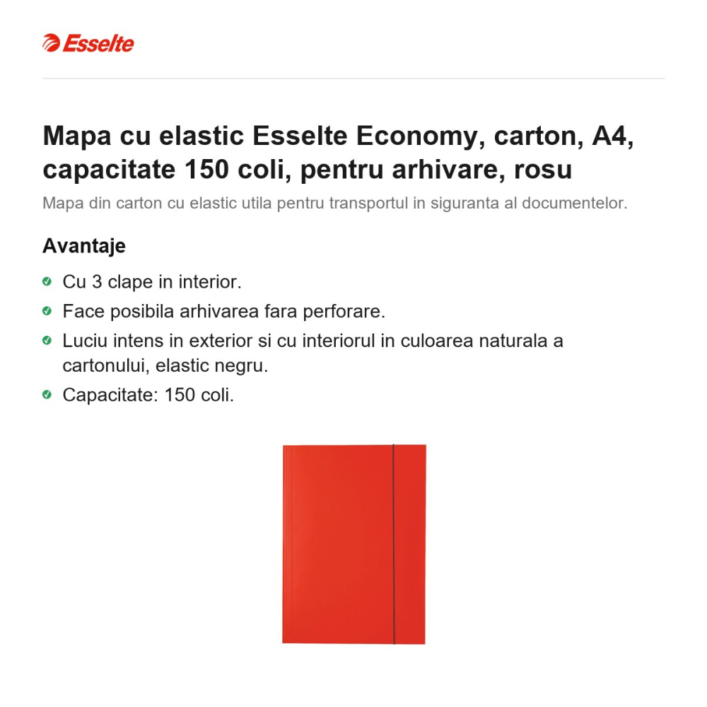 Mapa cu elastic Esselte Economy, carton, A4, capacitate 150 coli, pentru arhivare, rosu [2]
