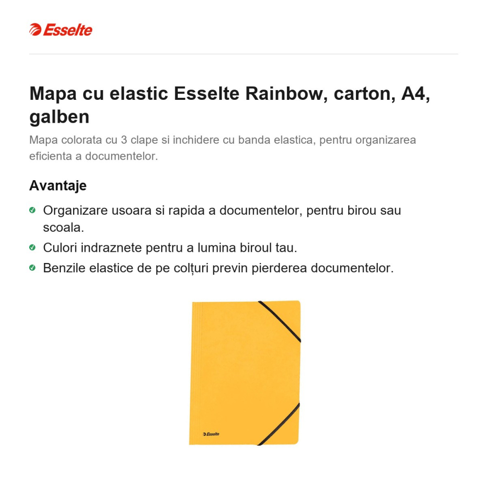 Mapa cu elastic Esselte Rainbow, carton, A4, galben [2]