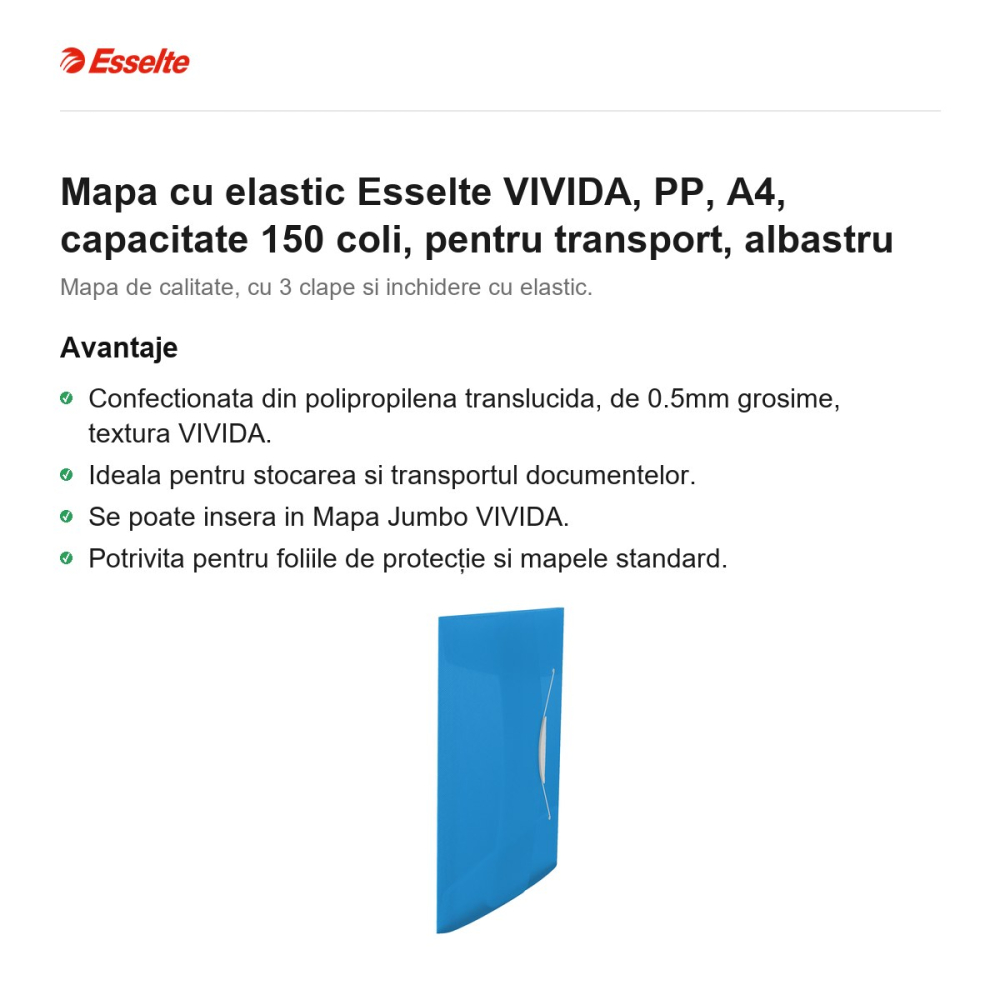 Mapa cu elastic Esselte VIVIDA, PP, A4, capacitate 150 coli, pentru transport, albastru [2]