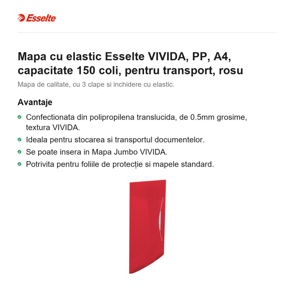 Mapa cu elastic Esselte VIVIDA, PP, A4, capacitate 150 coli, pentru transport, rosu [2]