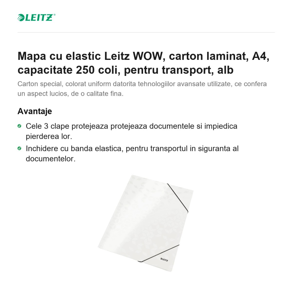 Mapa cu elastic Leitz WOW, carton laminat, A4, capacitate 250 coli, pentru transport, alb [2]