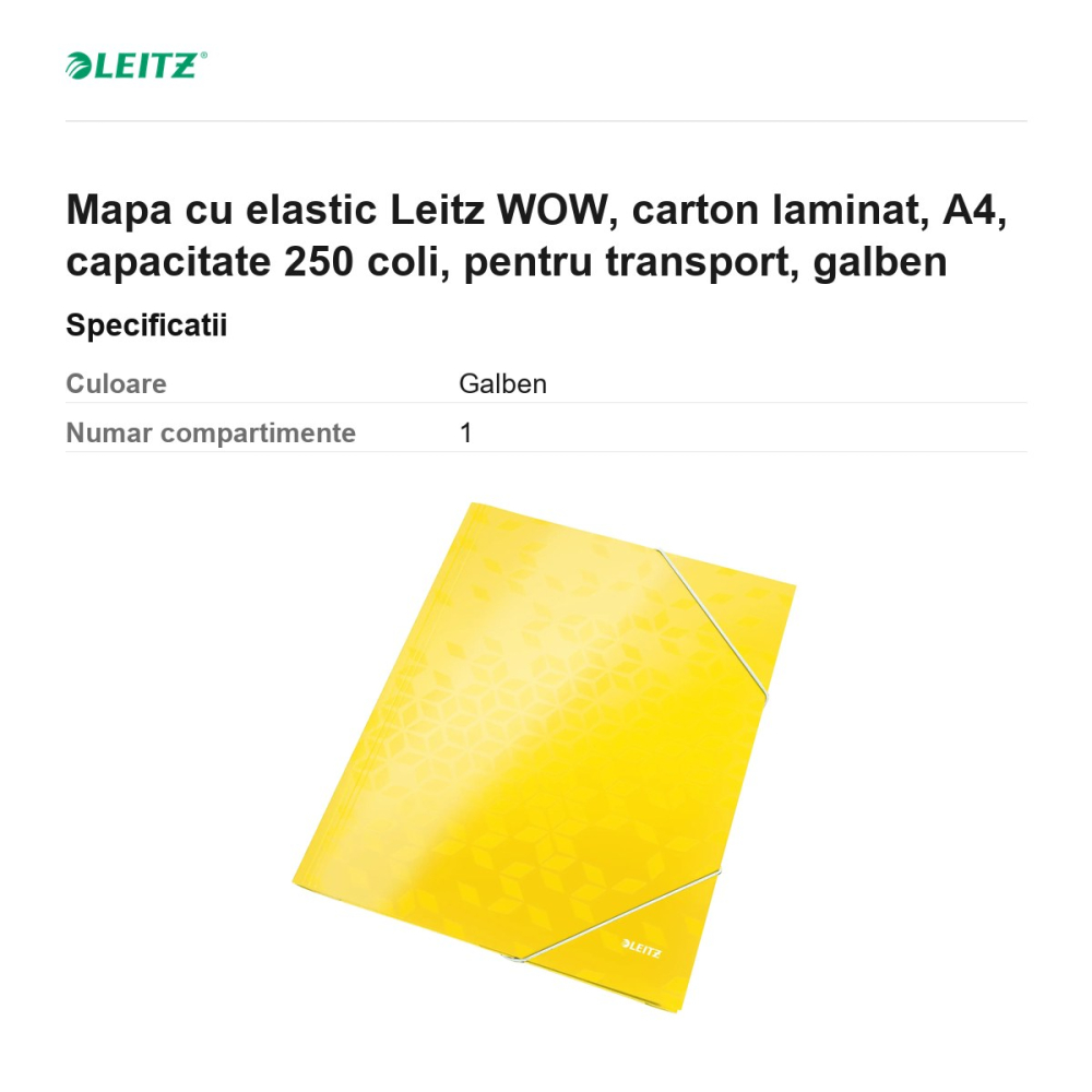 Mapa cu elastic Leitz WOW, carton laminat, A4, capacitate 250 coli, pentru transport, galben [3]