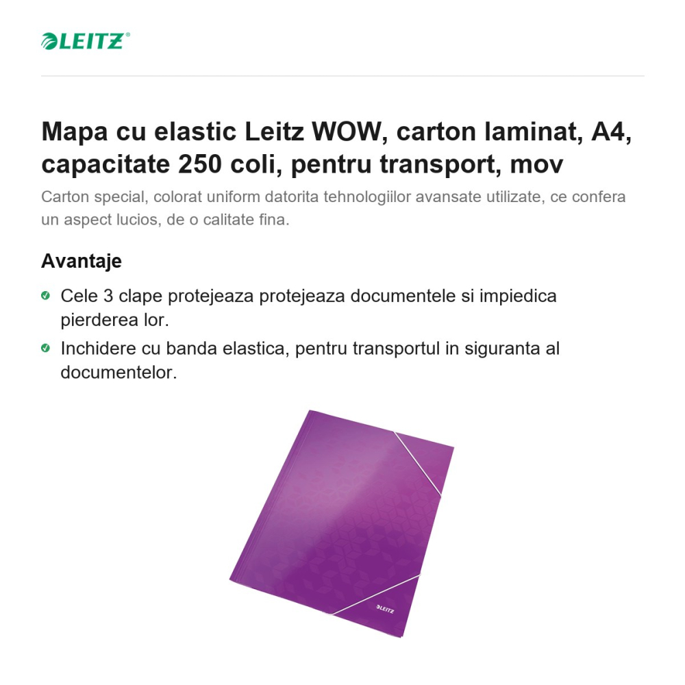 Mapa cu elastic Leitz WOW, carton laminat, A4, capacitate 250 coli, pentru transport, mov [2]