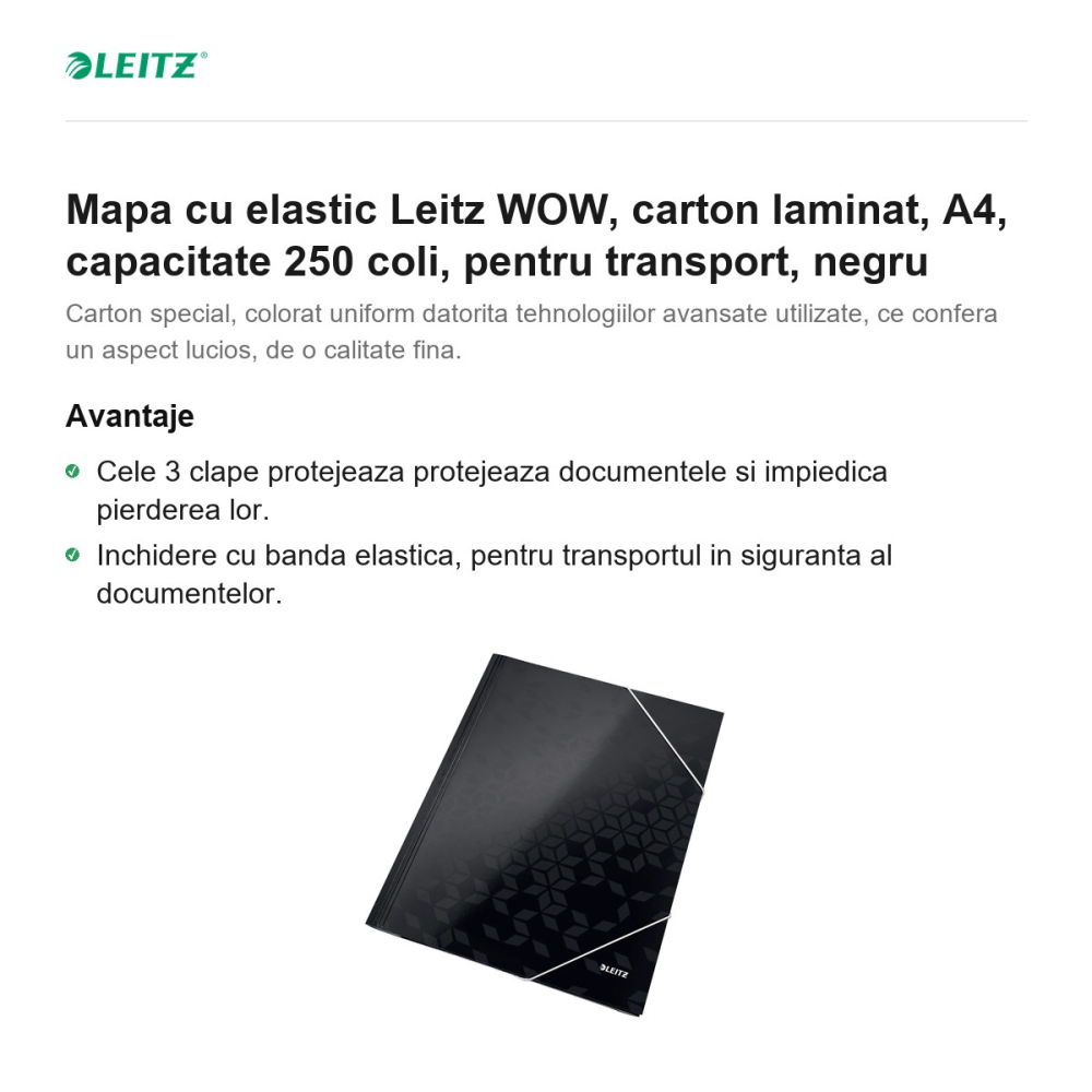 Mapa cu elastic Leitz WOW, carton laminat, A4, capacitate 250 coli, pentru transport, negru [2]