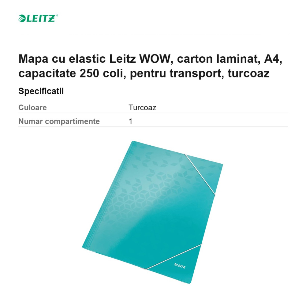 Mapa cu elastic Leitz WOW, carton laminat, A4, capacitate 250 coli, pentru transport, turcoaz [3]